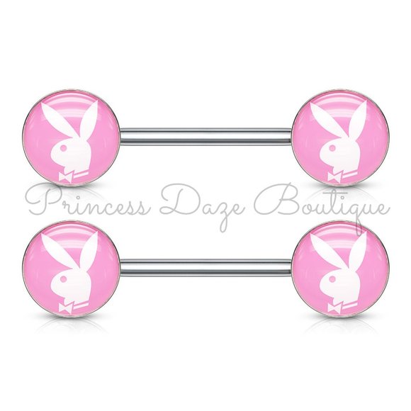 Playboy Bunny Pink Barbell Nipple‎ Rings - Picture 1 of 3